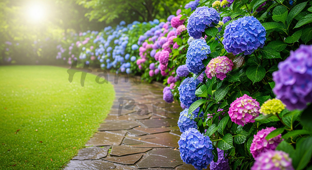 フリー素材 無料 写真｜雨上がりの紫陽花小径しっとりボケ｜商品ページに使えるナチュラルな画像