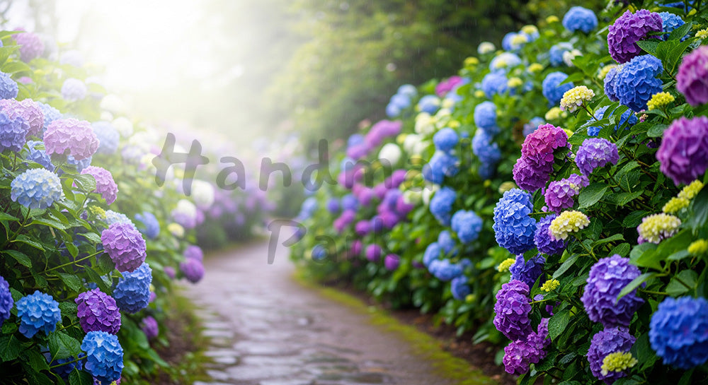 フリー素材 無料 写真｜雨上がりの紫陽花小径しっとりボケ｜告知バナーに使えるナチュラルな画像
