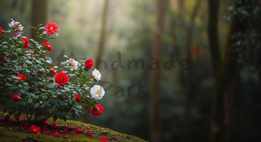 フリー素材 無料 写真｜静かな森に咲く椿余白のある構図｜作品紹介に使えるナチュラルな画像