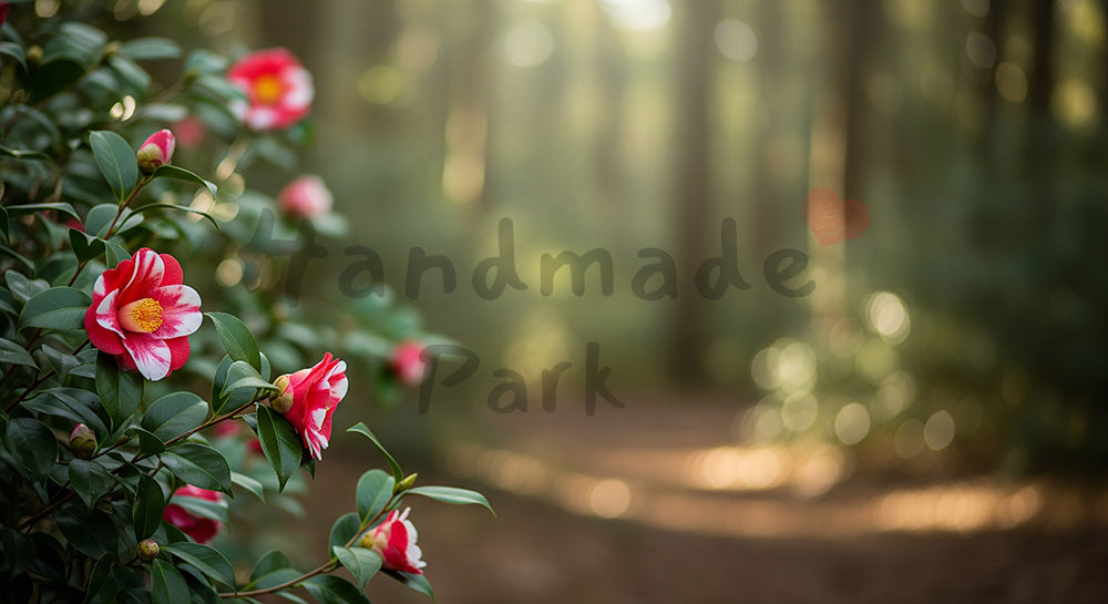 フリー素材 無料 写真｜静かな森に咲く椿余白のある構図｜SNS投稿に使えるナチュラルな画像