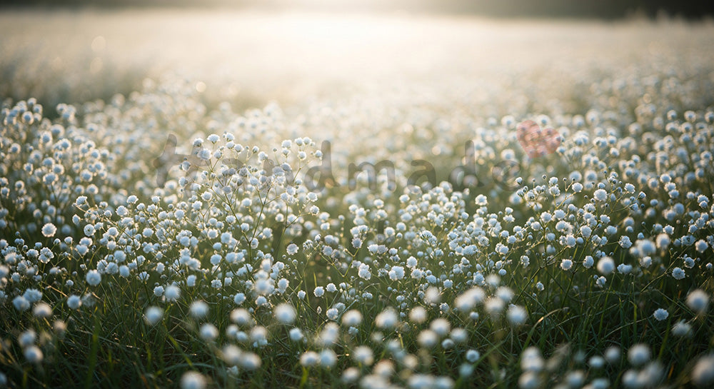 フリー素材 無料 写真｜朝の草むらに咲くかすみ草ふんわりボケ｜商品ページに使えるナチュラルな画像
