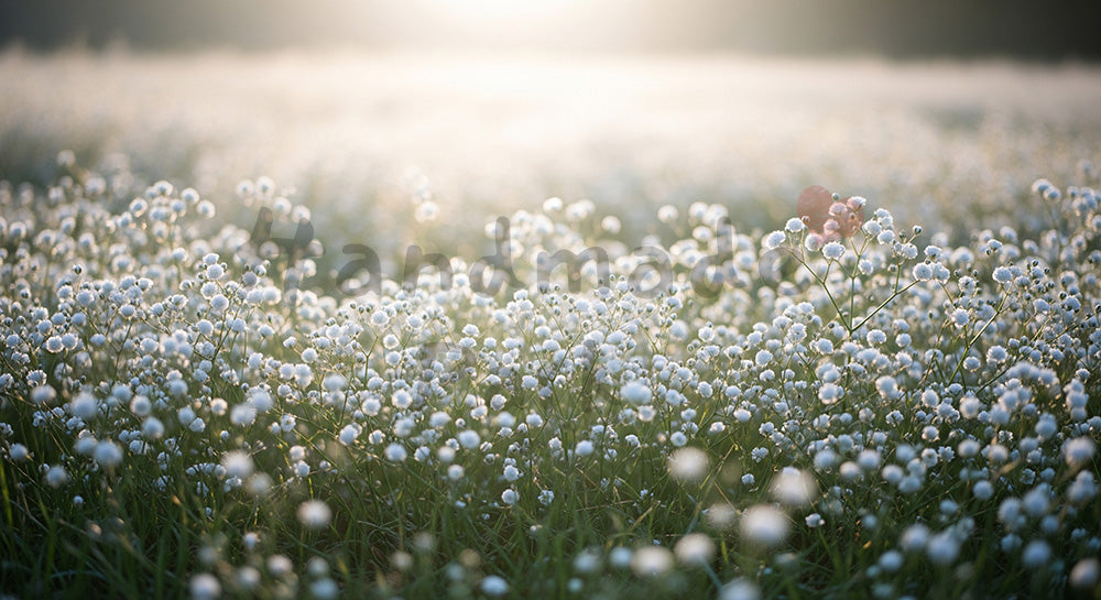 フリー素材 無料 写真｜朝の草むらに咲くかすみ草ふんわりボケ｜ブランド画像に使えるナチュラルな画像