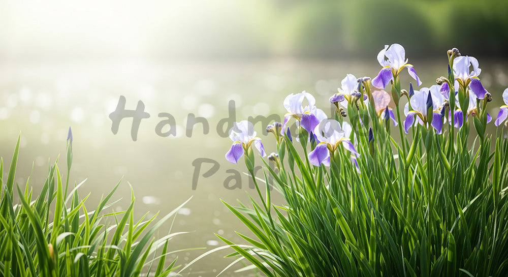 フリー素材 無料 写真｜水辺に咲くアイリス反射光と余白｜告知バナーに使えるナチュラルな画像