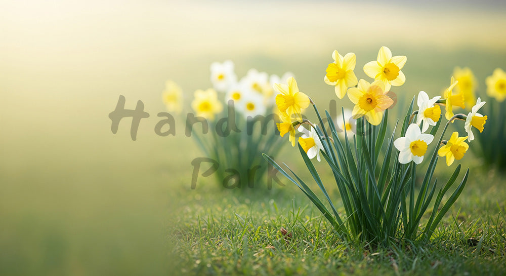フリー素材 無料 写真|早春の草地に咲くスイセン群生朝光|告知バナーに使えるナチュラルな画像