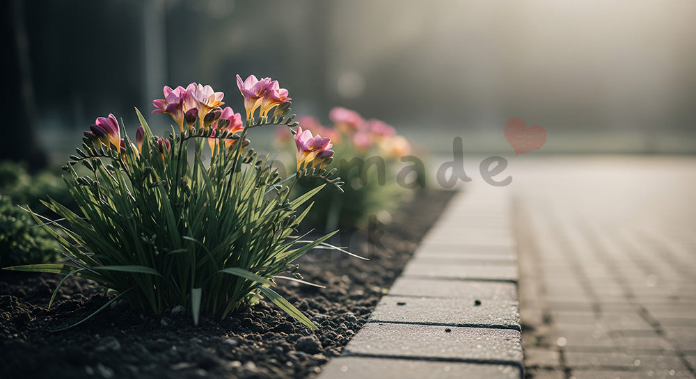 フリー素材 無料 写真｜午後の光のフリージア花壇やさしいボケ｜商品ページに使えるナチュラルな画像