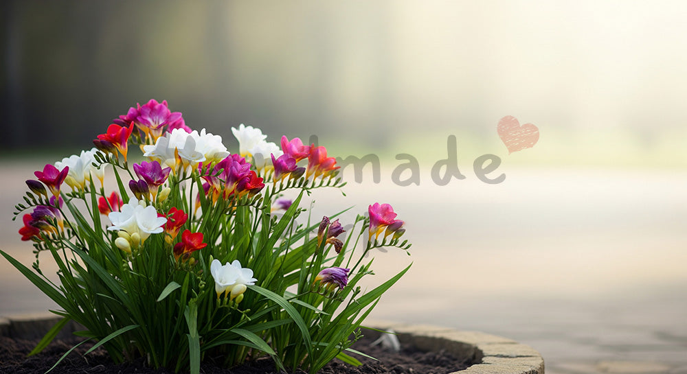 フリー素材 無料 写真｜午後の光のフリージア花壇やさしいボケ｜SNS投稿に使えるナチュラルな画像