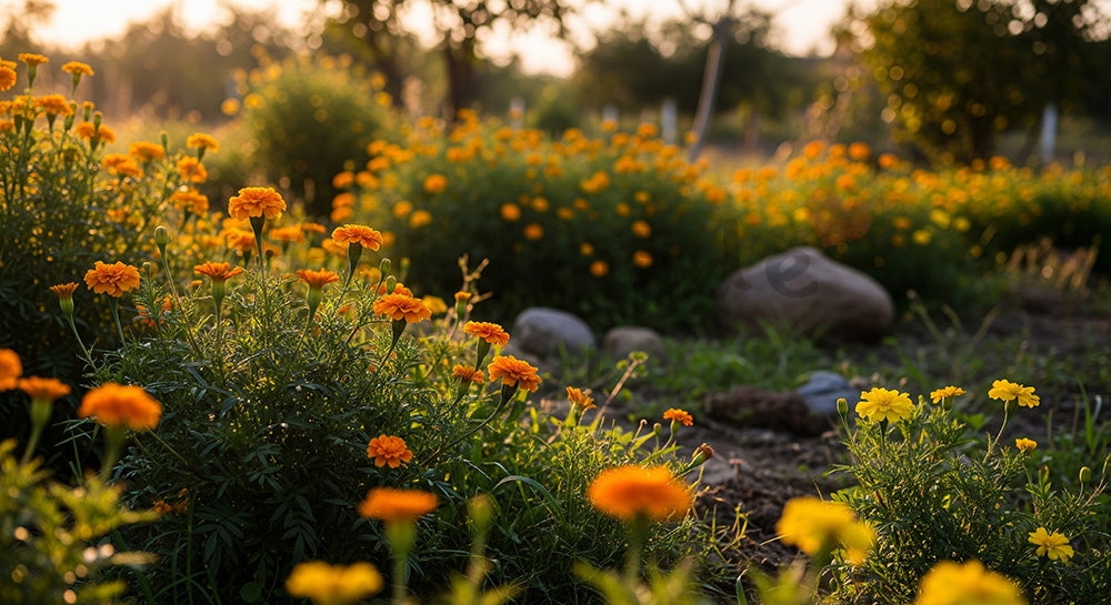 フリー素材 無料 写真｜夕方光のマリーゴールド温かいボケ背景｜SNS投稿に使えるナチュラルな画像