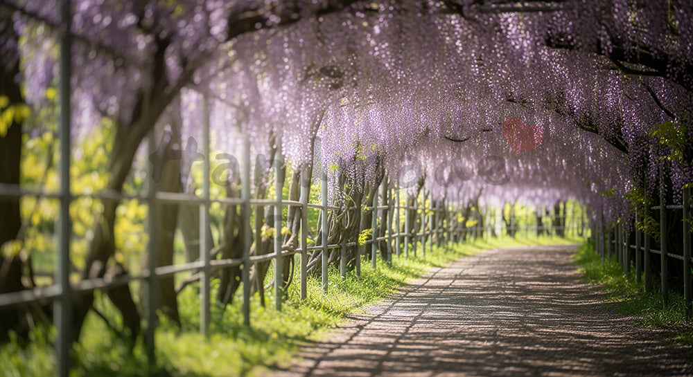 フリー素材 無料 写真|木漏れ日の藤小径垂れる花房と余白|告知バナーに使えるナチュラルな画像