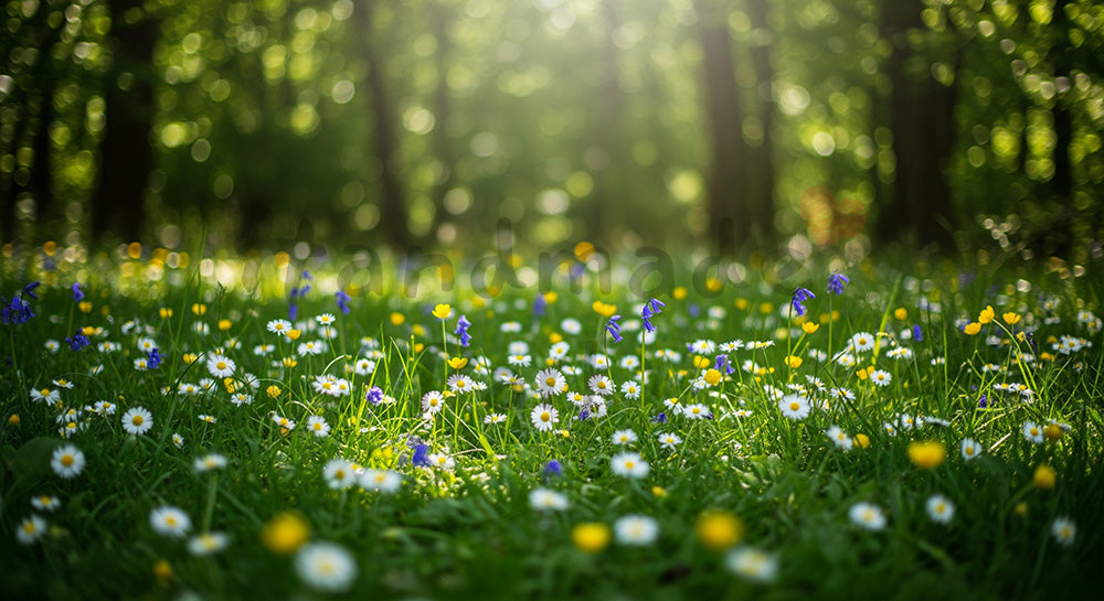 フリー素材 無料 写真｜森の野花と木漏れ日粒状の光とボケ余白｜告知バナーに使えるナチュラルな画像