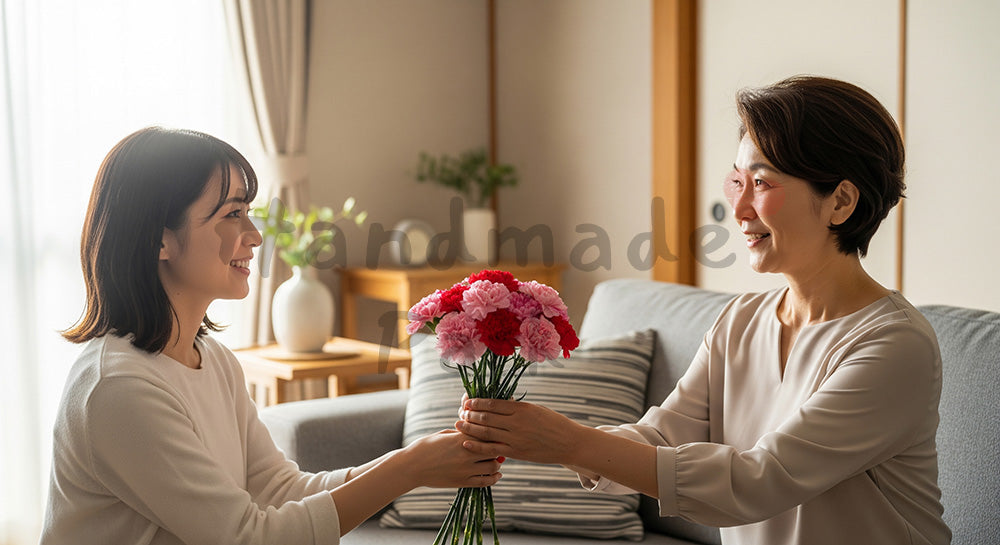 フリー素材 無料 写真｜母の日 カーネーションを手渡す親子の瞬間｜LP・バナーに使える素材