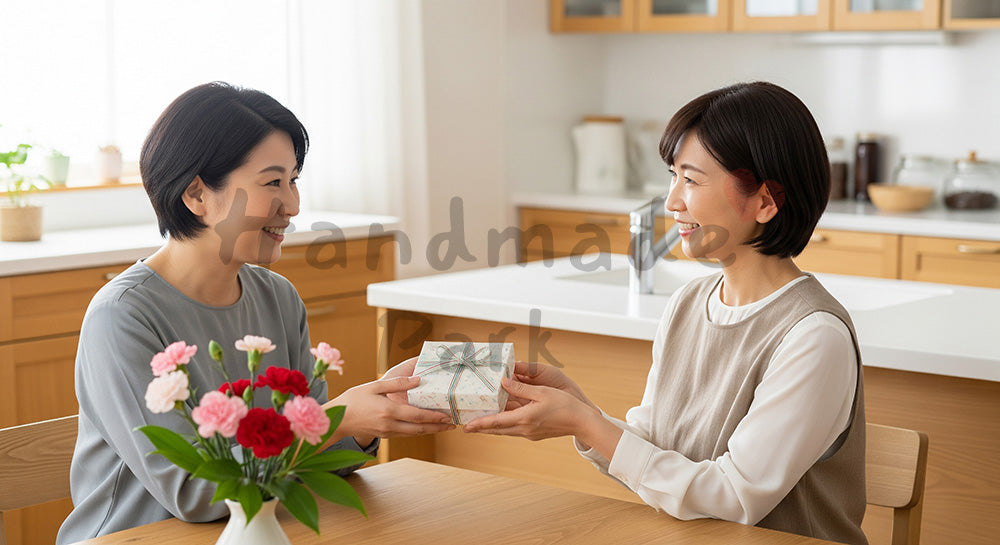 フリー素材 無料 写真｜母の日 上品 カーネーションを手渡す親子の瞬間｜コピーを載せやすい構図