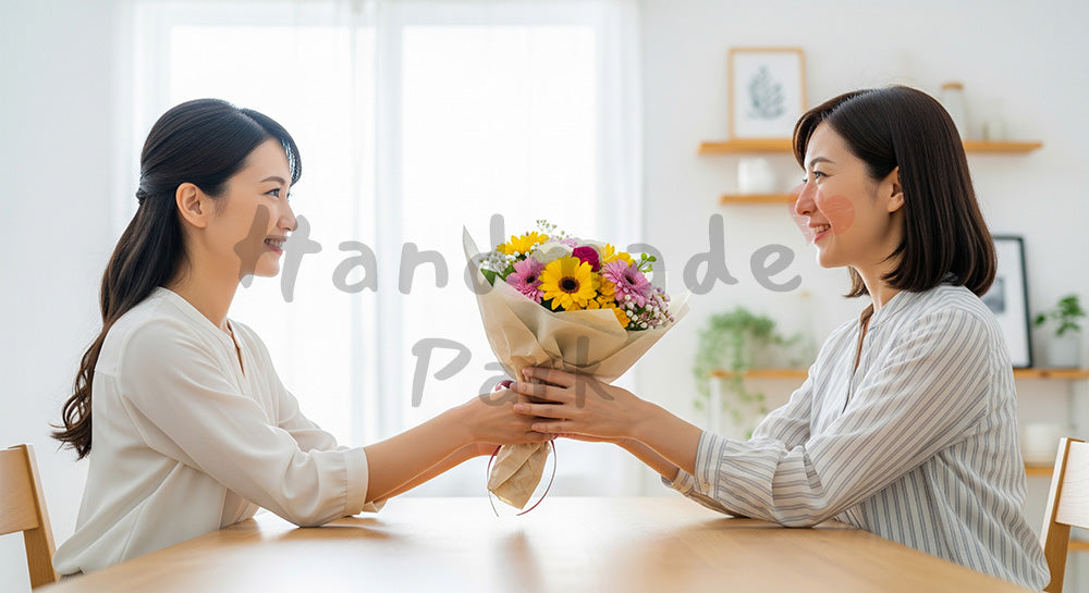 フリー素材 無料 写真｜母の日 花束を受け取る手元のアップ｜特集ページの見出しに便利
