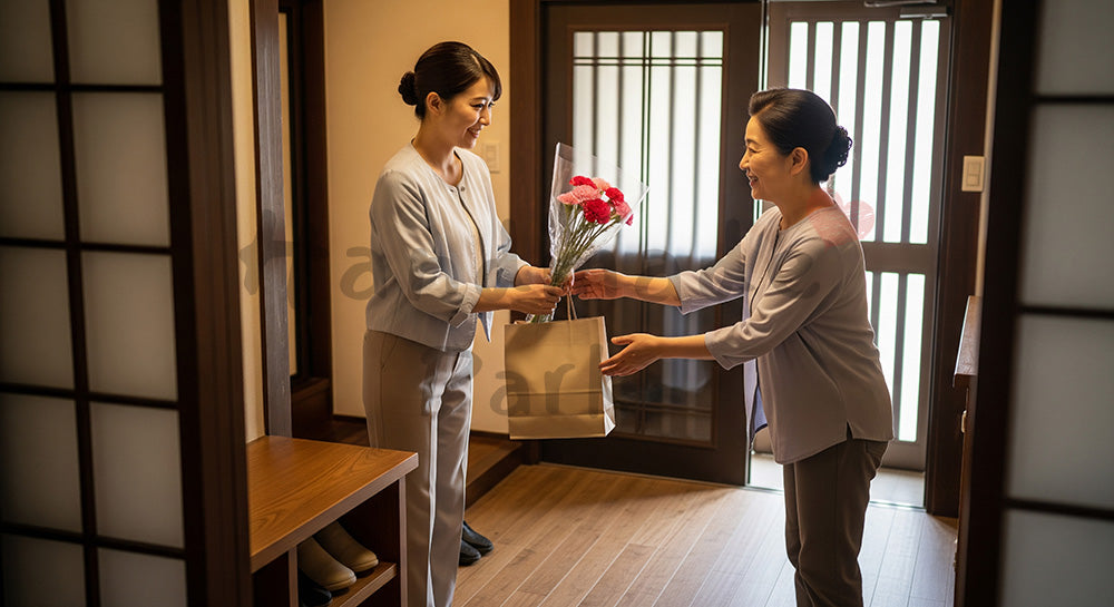 フリー素材 無料 写真｜母の日 温かい 帰省の手土産とカーネーション｜SNS投稿のアイキャッチ向け