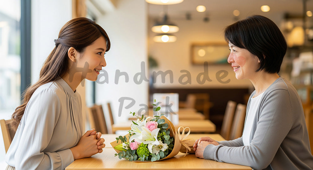 フリー素材 無料 写真｜母の日 カフェで贈る花束のシーン｜コピーを載せやすい構図