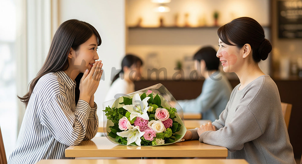 フリー素材 無料 写真｜母の日 シンプル カフェで贈る花束のシーン｜コピーを載せやすい構図