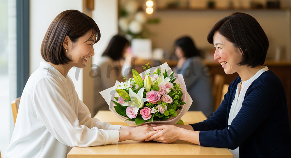 フリー素材 無料 写真｜母の日 ミニマルな カフェで贈る花束のシーン｜コピーを載せやすい構図