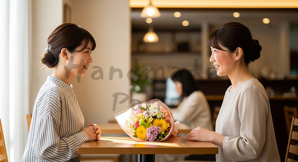 フリー素材 無料 写真｜母の日 温かい カフェで贈る花束のシーン｜コピーを載せやすい構図