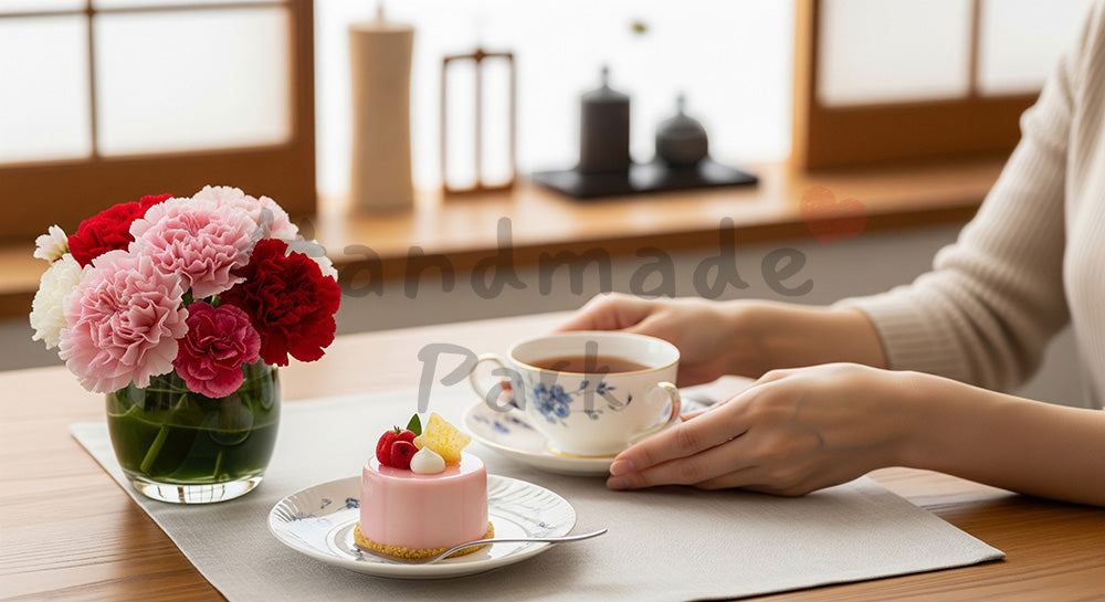 フリー素材 無料 写真｜母の日 シンプル ティータイムとカーネーション｜広告・チラシの挿し絵に