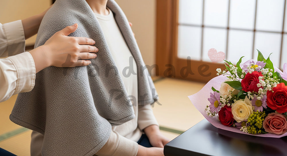 フリー素材 無料 写真｜母の日 ミニマルな 思いやりが伝わるケアと花束｜告知画像に合わせやすい