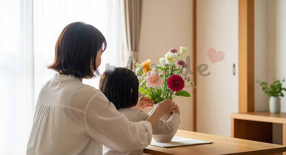 フリー素材 無料 写真｜母の日 花を一緒に飾る家族の時間｜LP・バナーに使える素材
