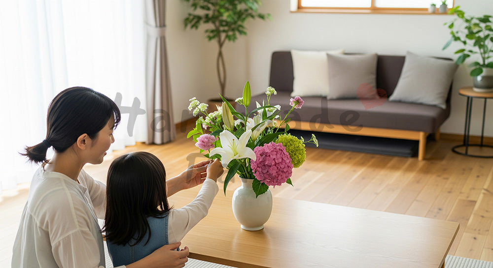 フリー素材 無料 写真｜母の日 花を一緒に飾る家族の時間｜LP・バナーに使える素材（特集向け）