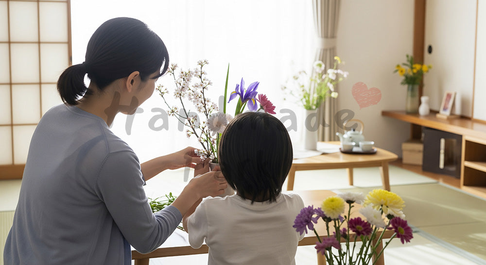 フリー素材 無料 写真｜母の日 花を一緒に飾る家族の時間｜LP・バナーに使える素材（バナー向け）