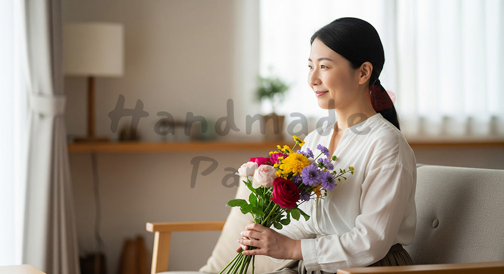 フリー素材 無料 写真｜母の日 花束を抱えるやさしい笑顔｜記事・スライドの差し込みに