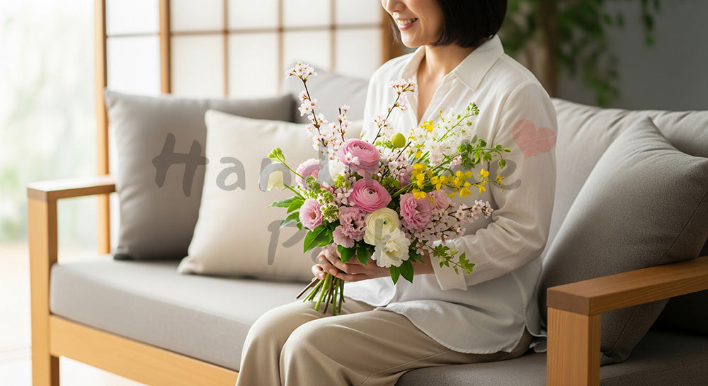 フリー素材 無料 写真｜母の日 ナチュラル 花束を抱えるやさしい笑顔｜記事・スライドの差し込みに