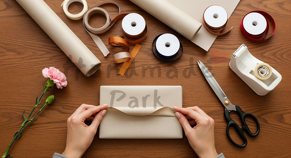 フリー素材 無料 写真｜母の日 上品 ギフトラッピングの作業風景 俯瞰｜コピーを載せやすい構図