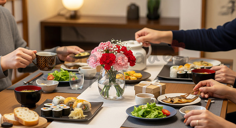 フリー素材 無料 写真｜母の日 食卓に花とギフトを添える｜特集ページの見出しに便利