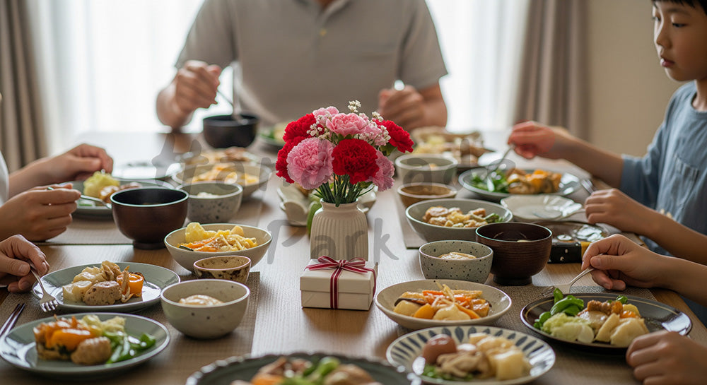 フリー素材 無料 写真｜母の日 やさしい 食卓に花とギフトを添える｜特集ページの見出しに便利
