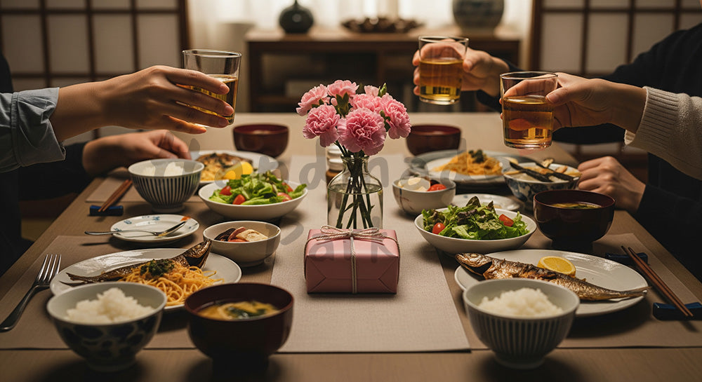 フリー素材 無料 写真｜母の日 ナチュラル 食卓に花とギフトを添える｜特集ページの見出しに便利