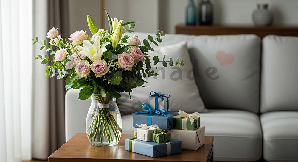 フリー素材 無料 写真｜母の日 リビングのサイドテーブルに置いたギフト｜特集ページの見出しに便利