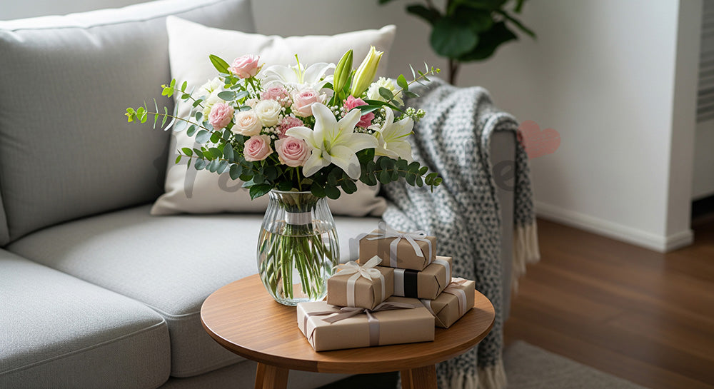フリー素材 無料 写真｜母の日 やさしい リビングのサイドテーブルに置いたギフト｜ショップ案内・キャンペーン向け
