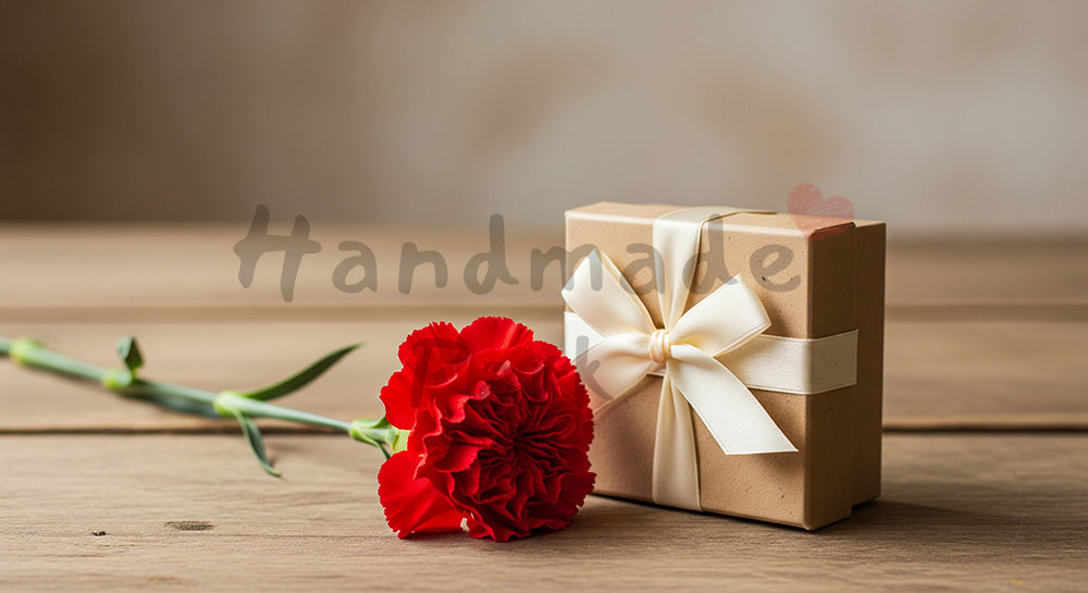 フリー素材 無料 写真｜母の日 やさしい カーネーション1輪と小さな贈り物｜特集ページの見出しに便利