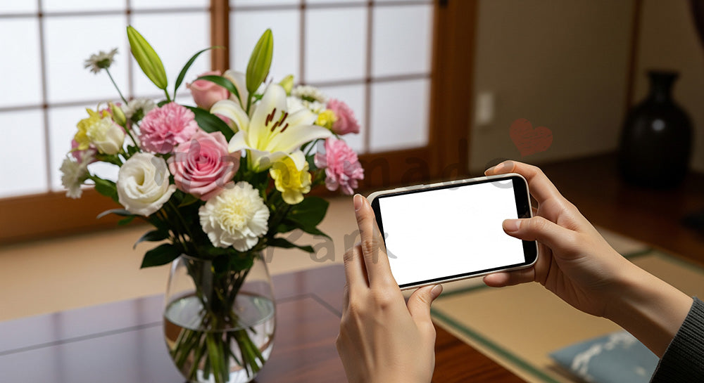 フリー素材 無料 写真｜母の日 花束を撮影する手元（SNS投稿イメージ）｜特集ページの見出しに便利