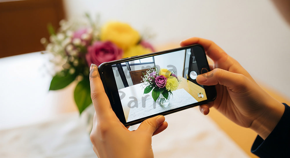 フリー素材 無料 写真｜母の日 やさしい 花束を撮影する手元（SNS投稿イメージ）｜LP・バナーに使える素材