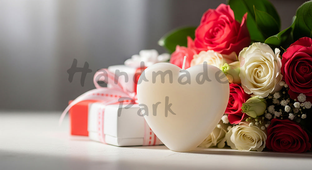 フリー素材 無料 写真｜母の日 ナチュラル ハート型キャンドルとギフトの静物｜ショップ案内・キャンペーン向け