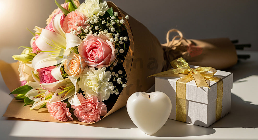 フリー素材 無料 写真｜母の日 ハート型キャンドルとギフトの静物｜LP・バナーに使える素材