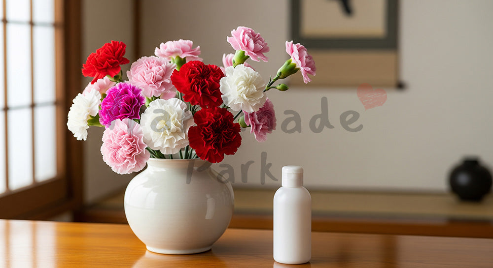 フリー素材 無料 写真｜母の日 ナチュラル 花と無地ボトル（美容ギフトイメージ）｜LP・バナーに使える素材
