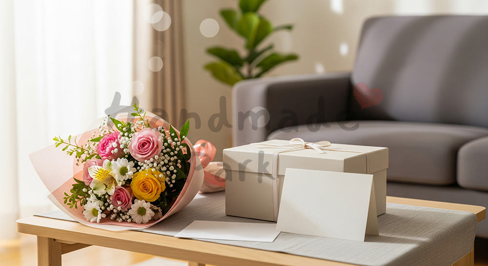 フリー素材 無料 写真｜母の日 リビングのローテーブルに揃えたギフト一式｜ショップ案内・キャンペーン向け
