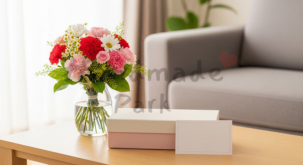 フリー素材 無料 写真｜母の日 リビングのローテーブルに揃えたギフト一式｜記事・スライドの差し込みに