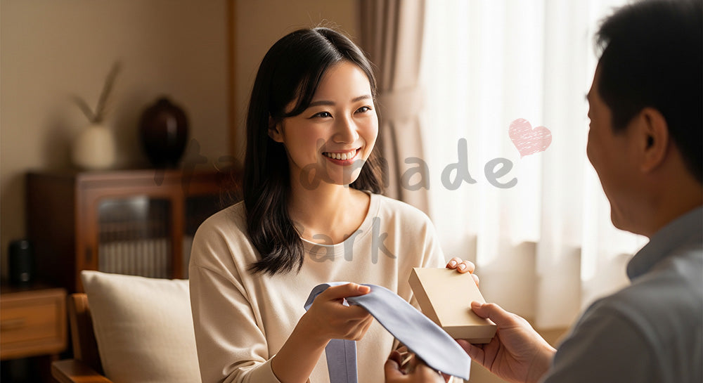 フリー素材 無料 写真｜父の日 ネクタイとギフトを手渡す親子｜メッセージ画像に合わせやすい