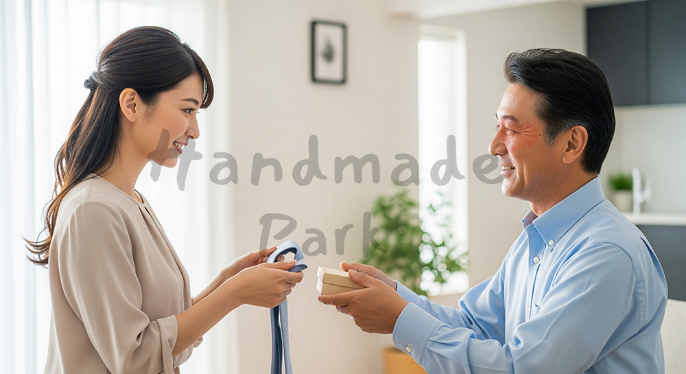 フリー素材 無料 写真｜父の日向け ネクタイとギフトを手渡す親子｜ギフト訴求に使いやすい
