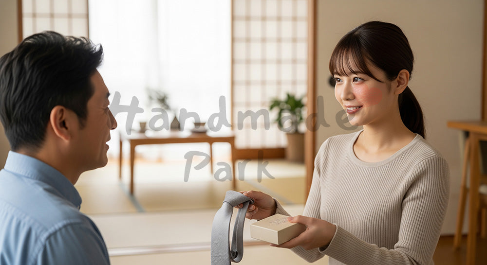 フリー素材 無料 写真｜父の日 ネクタイとギフトを手渡す親子 シーン｜プレゼント特集の見出しに