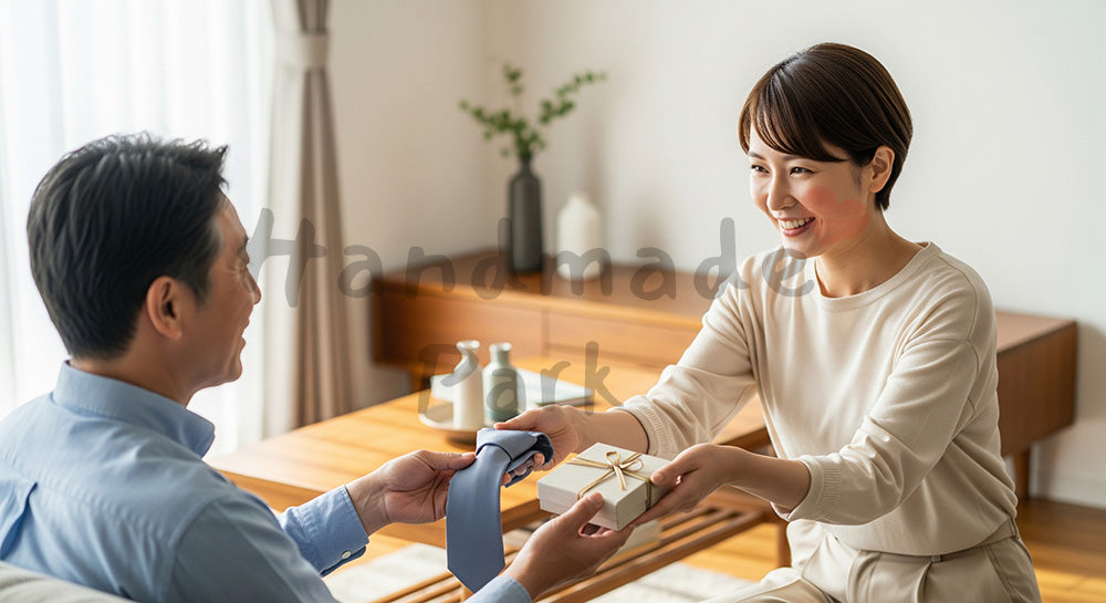 フリー素材 無料 写真｜父の日 ネクタイとギフトを手渡す親子｜ショップ告知・販促向け