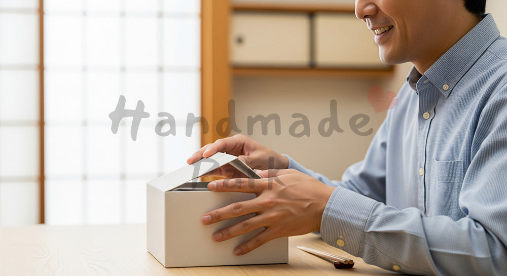 フリー素材 無料 写真｜父の日 ギフト開封のワクワク感 手元のアップ｜ショップ告知・販促向け