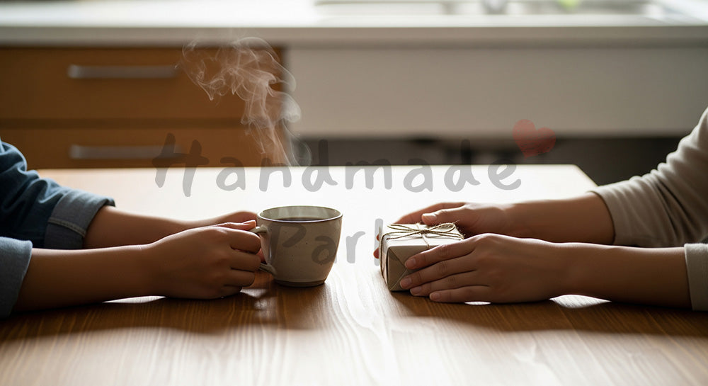 フリー素材 無料 写真｜父の日向け コーヒーとギフトの朝時間｜メッセージ画像に合わせやすい