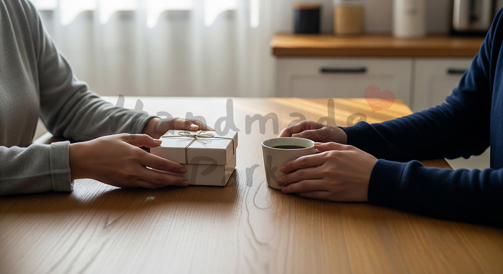 フリー素材 無料 写真｜父の日 コーヒーとギフトの朝時間｜プレゼント特集の見出しに