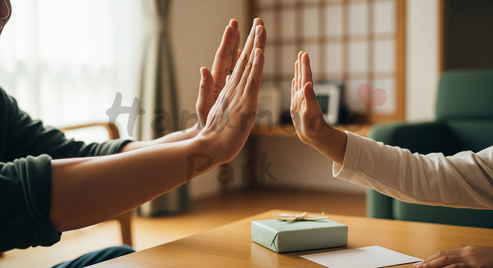 フリー素材 無料 写真｜父の日 ハイタッチとギフト 手元中心｜プレゼント特集の見出しに